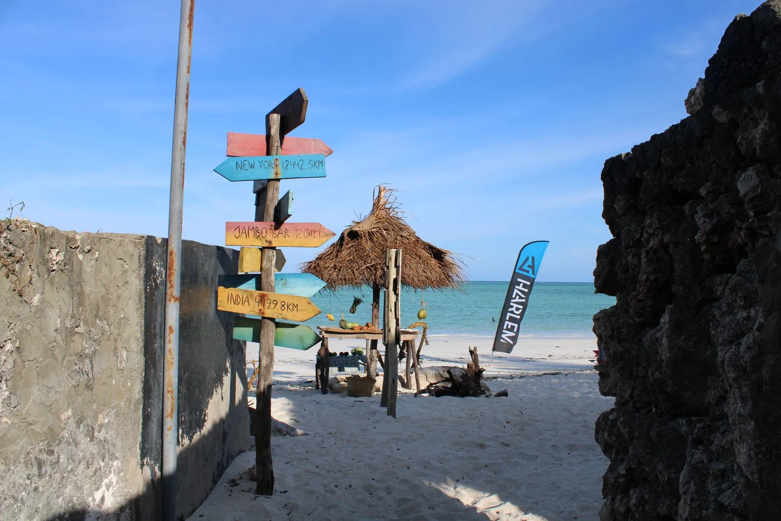 A colorful signpost on Paje beach, Tanzania